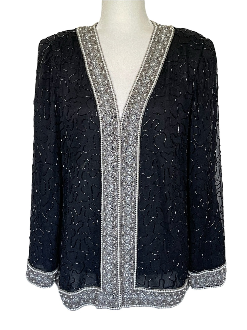 Laurence Kazar Vintage Black Silk Hand-Beaded Pearl & Sequin Jacket Formal